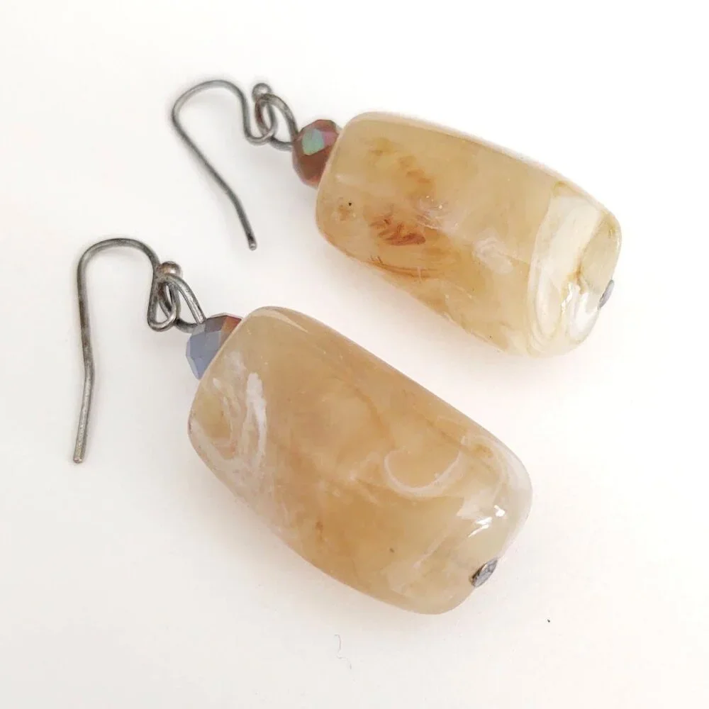 Chunky faux beige stone and crystal earrings